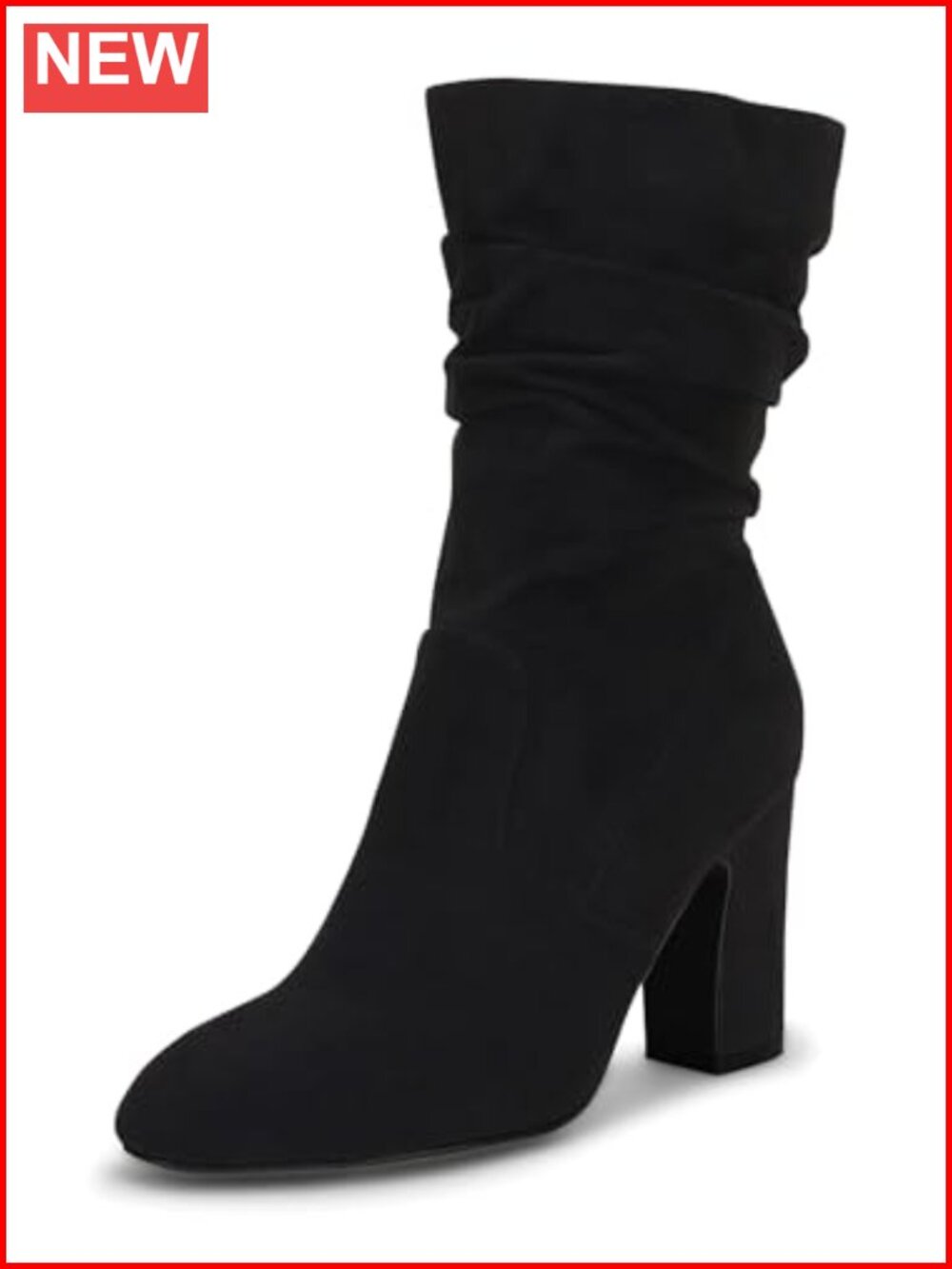 Mid Calf Slouchy Boots Suede High Heel Zip Stacked Chunky Block Round Toe